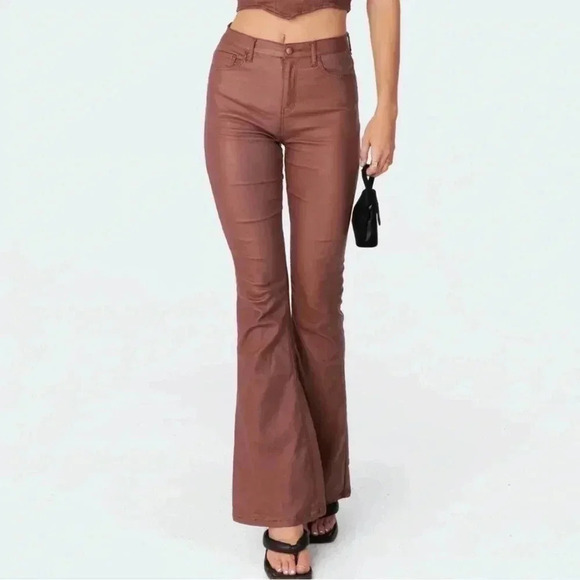 Edikted Faux Leather Pants Brown Sz Large - Picture 1 of 9